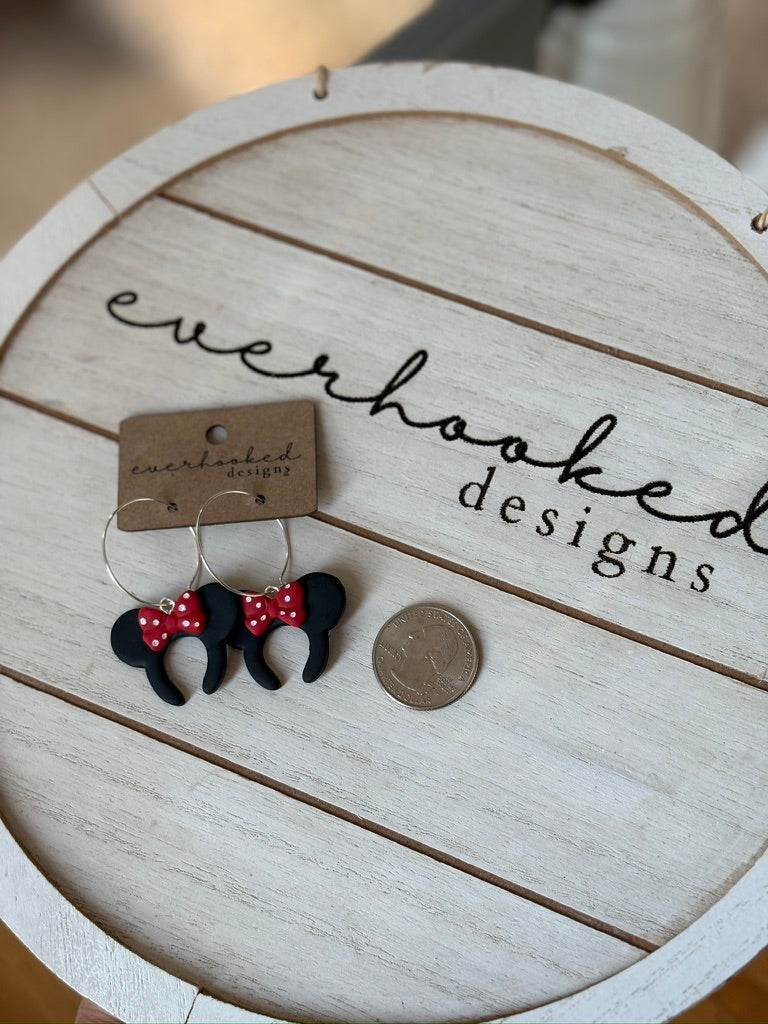 Mouse Ear and Bow Headband Earrings next to a quarter for size comparison