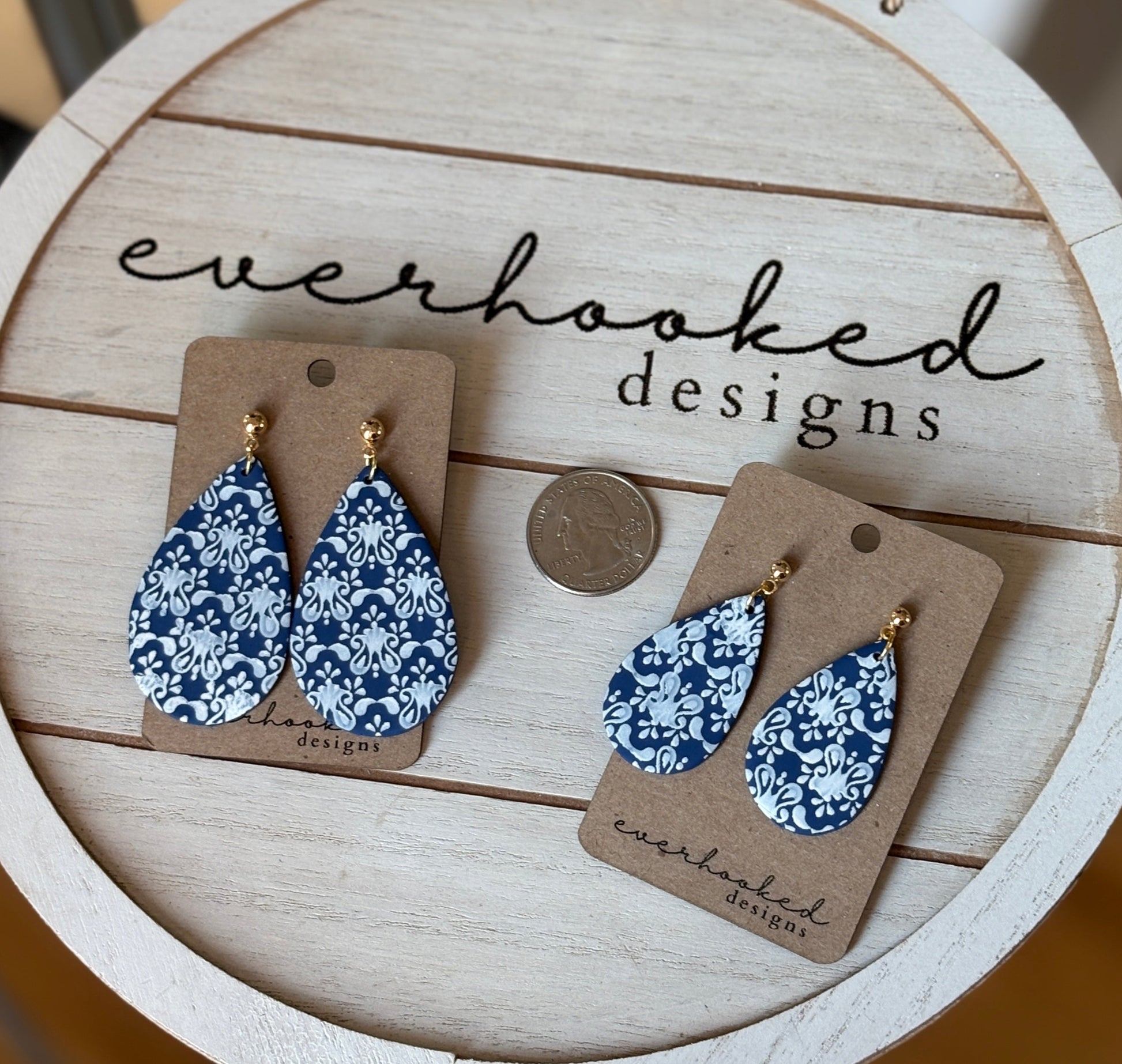 Dangly chinoiserie navy with white floral teardrop earrings - two sizes