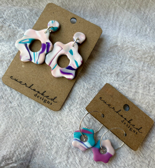 Colorful Floral Dangle Earrings- Large 2 piece and small on hoop