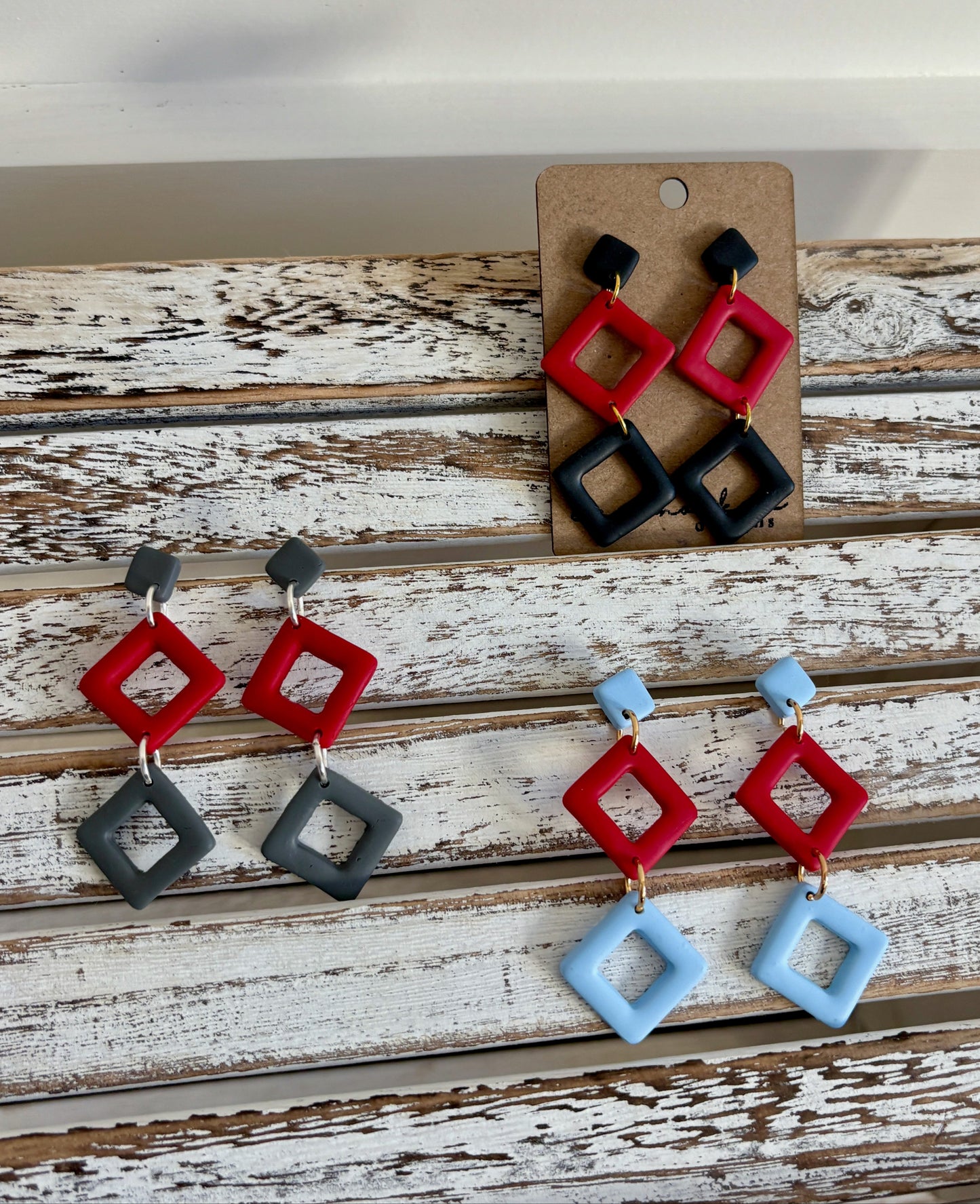Three clay diamonds, dangly earrings, with customizable colors