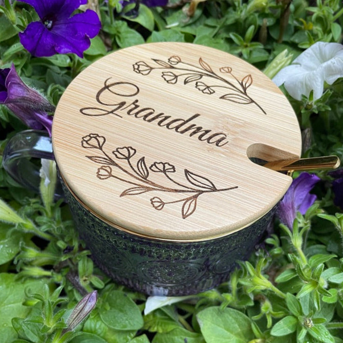 Grandma and flowers engraved on bamboo lid, large embossed glass jar