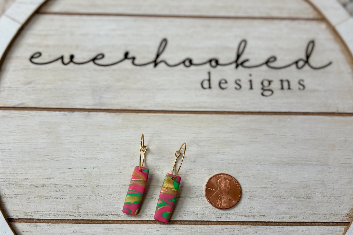 Multiple Color Bar Earrings with Gold Dangles with penny to compare size