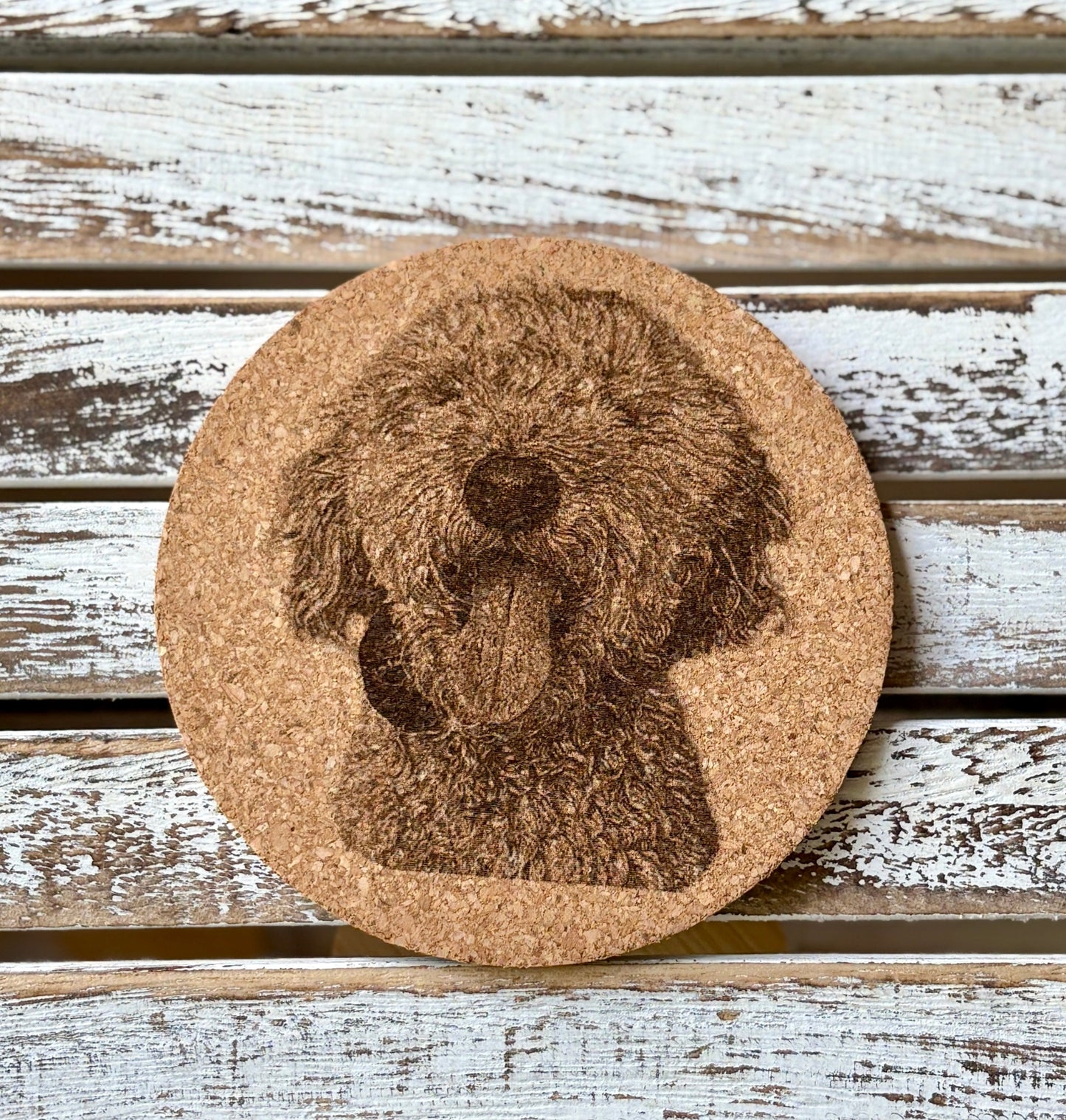 Goldendoodle engraved on cork coaster