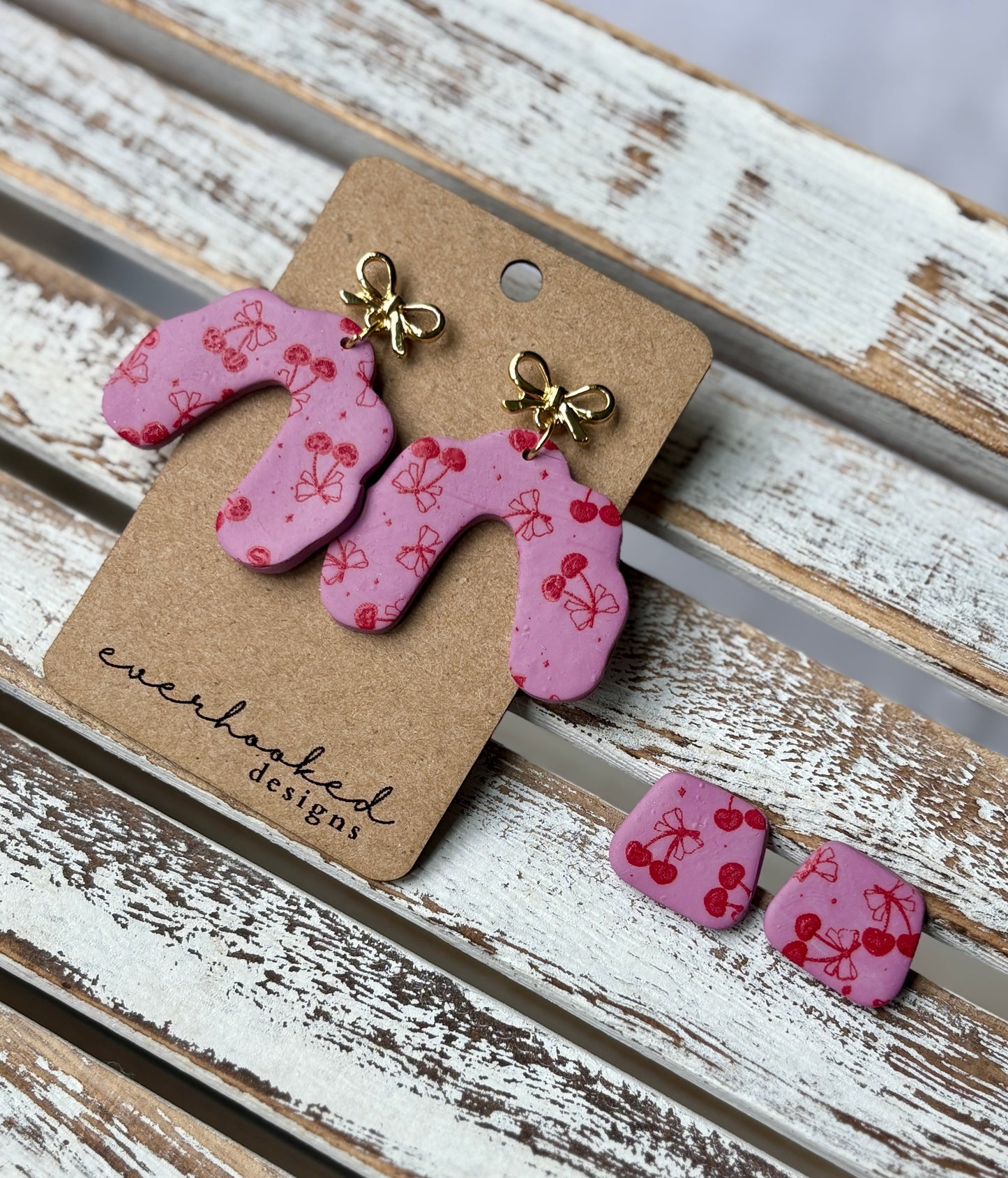 Pink and red cherry and bow earrings, stud or dangle