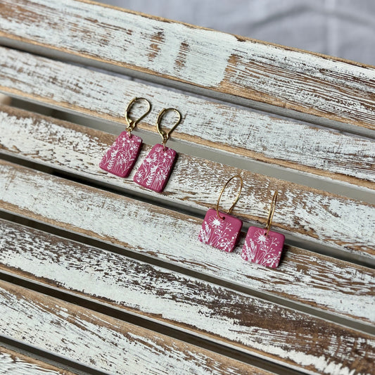 Pink dangles with white wildflowers and gold dangles