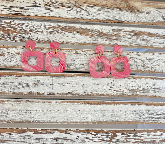 Pink double post, geometric, gold flaked dangles