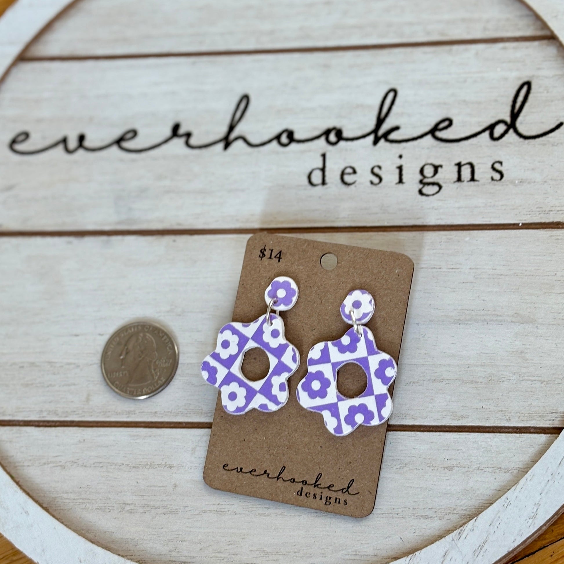 Retro Checkered Purple Floral Earrings