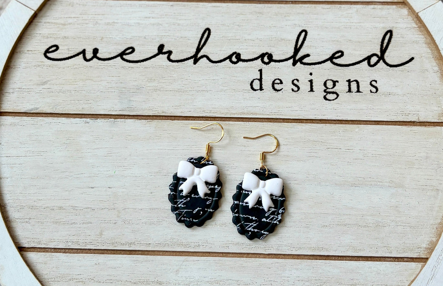 Large Framed Bow Vintage Earrings-Black and White