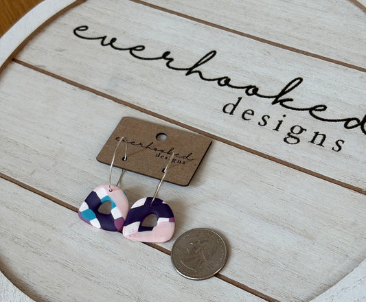 retro purple, pink, white, teal, drop earrings on hoops