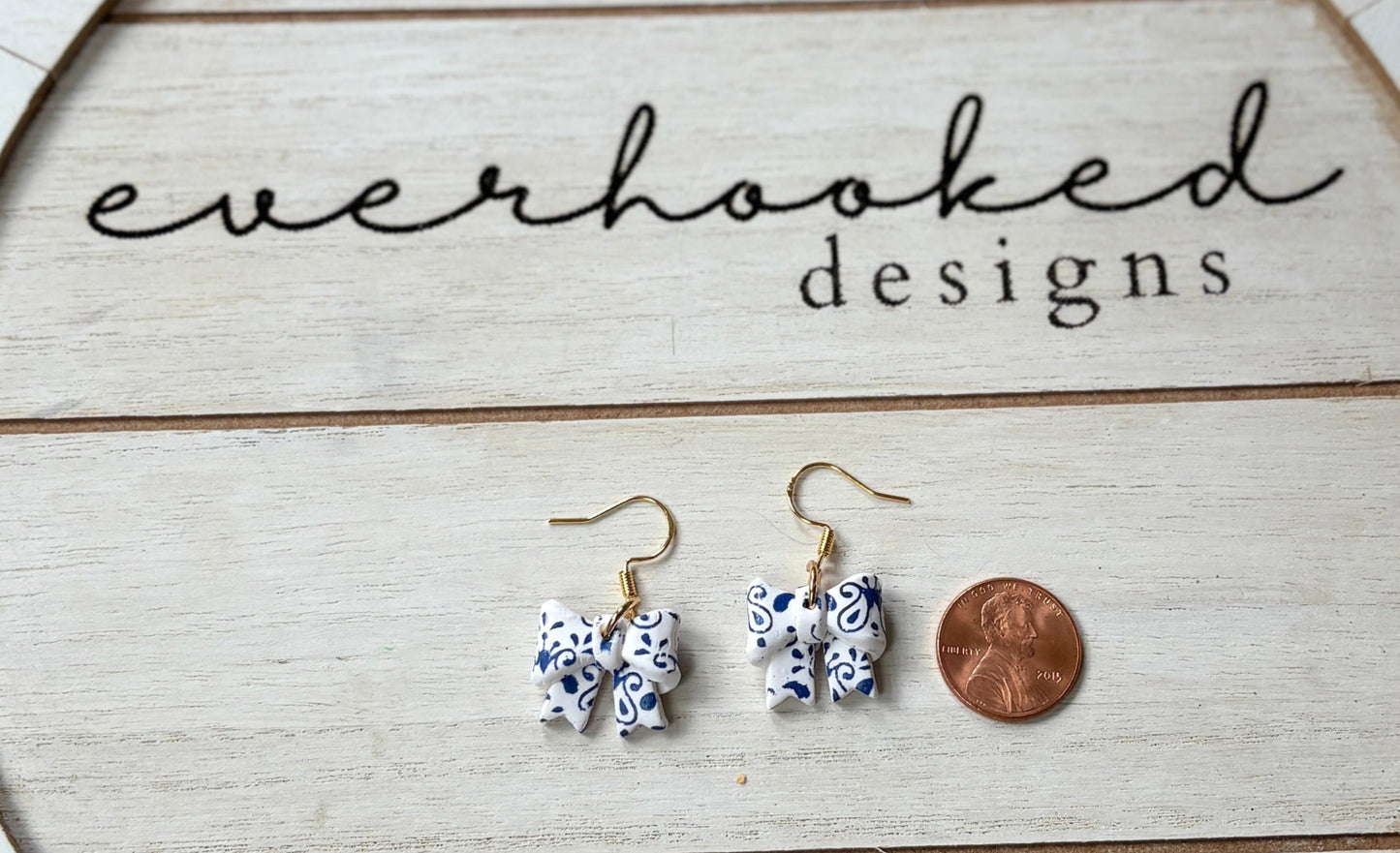 White and Blue Designed Bow Earrings with Gold Dangles