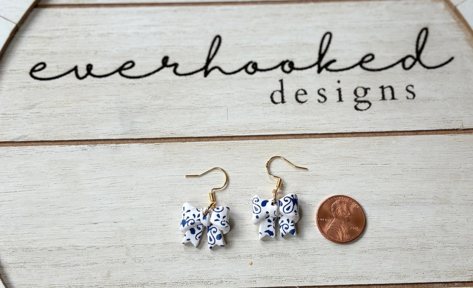 White and Blue Designed Bow Earrings with Gold Dangles