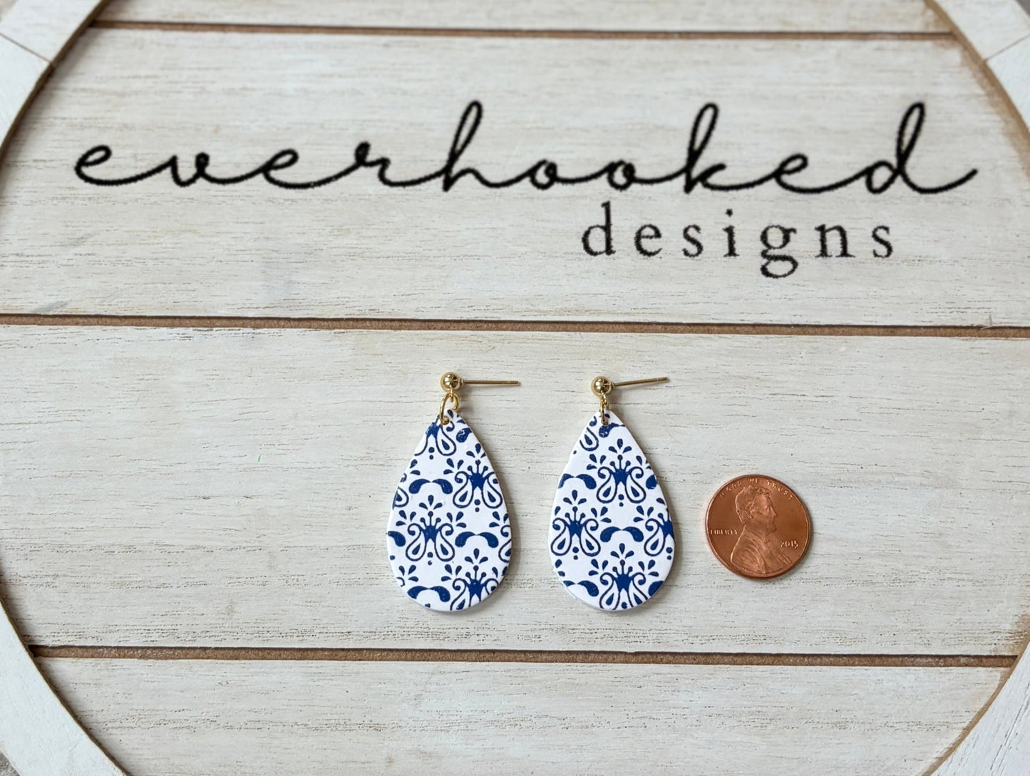 White and Blue Designed Teardrop Gold Stud Earrings