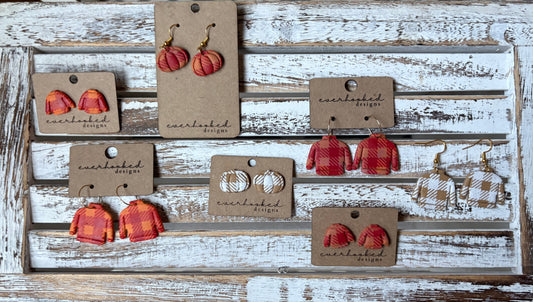 cozy fall earrings polymer clay pumpkins plaid sweaters studs dangles cottagecore jewelry