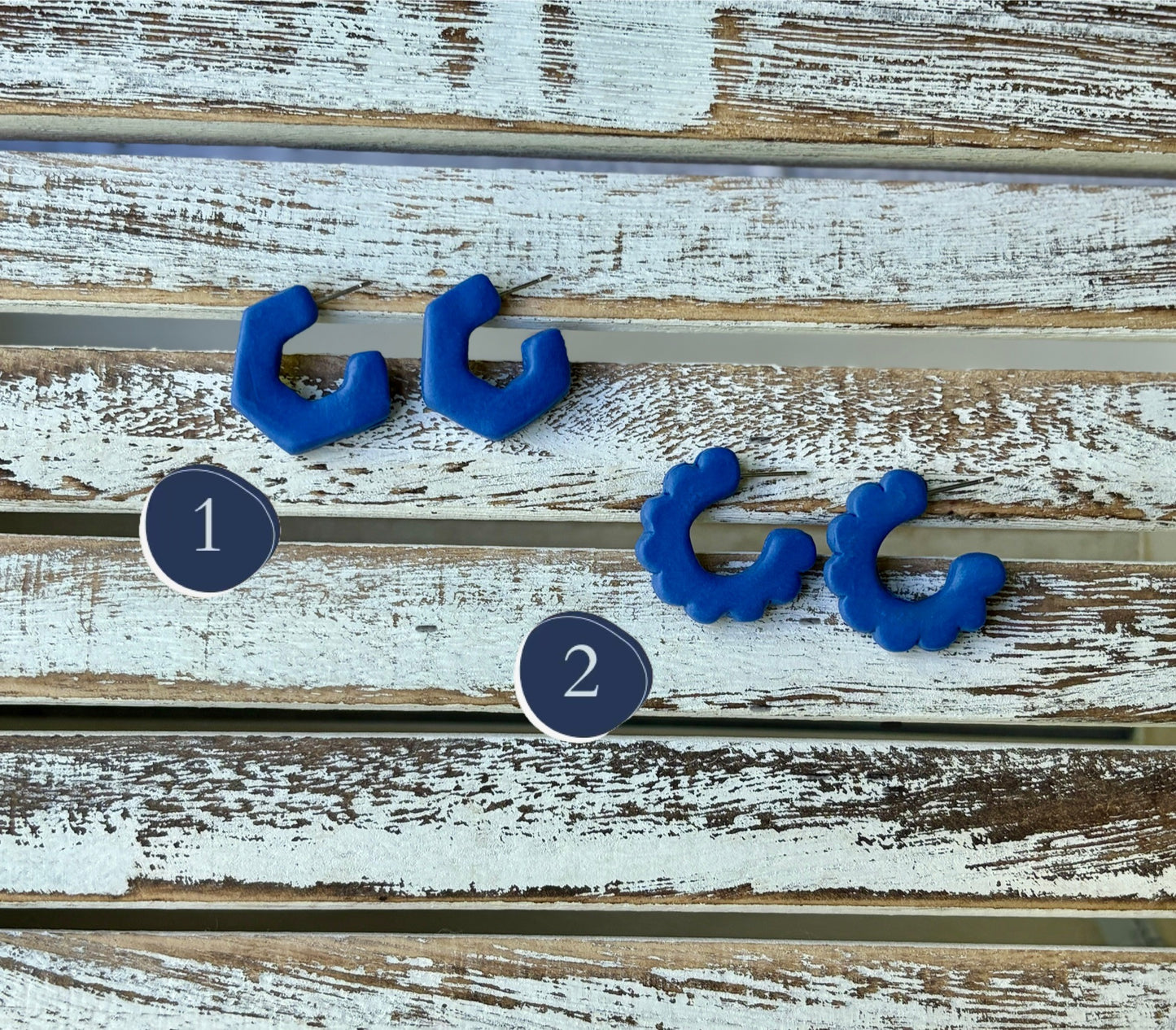 Blue clay hoop earrings with numbers to label