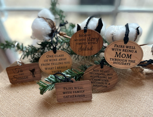 Customizable Wooden Wine Tags hung with jute