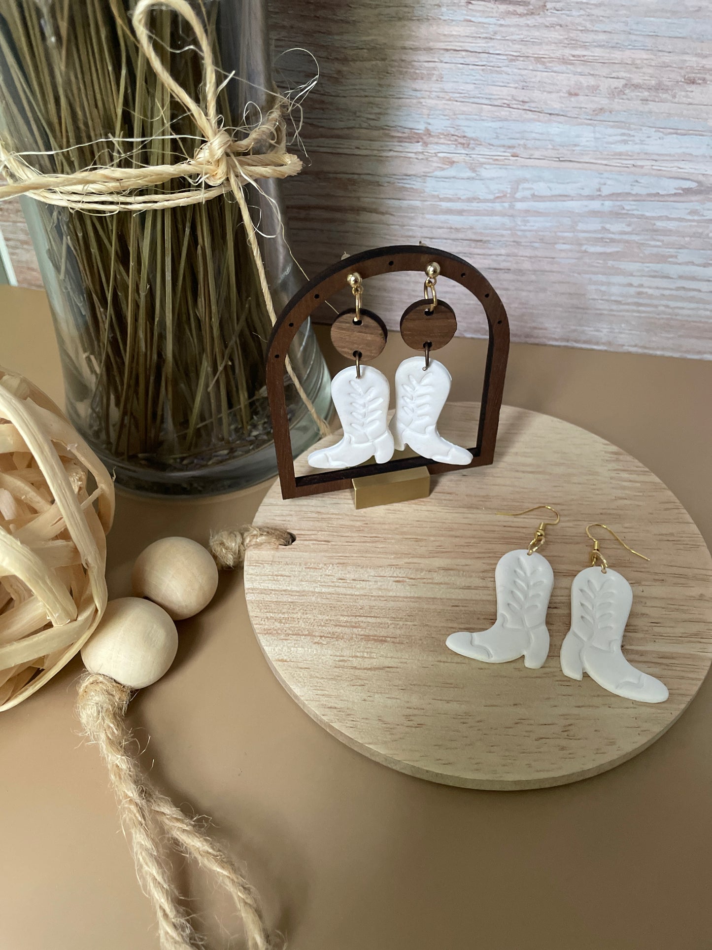 Dangly cowgirl boot earrings white clay and white clay with wood