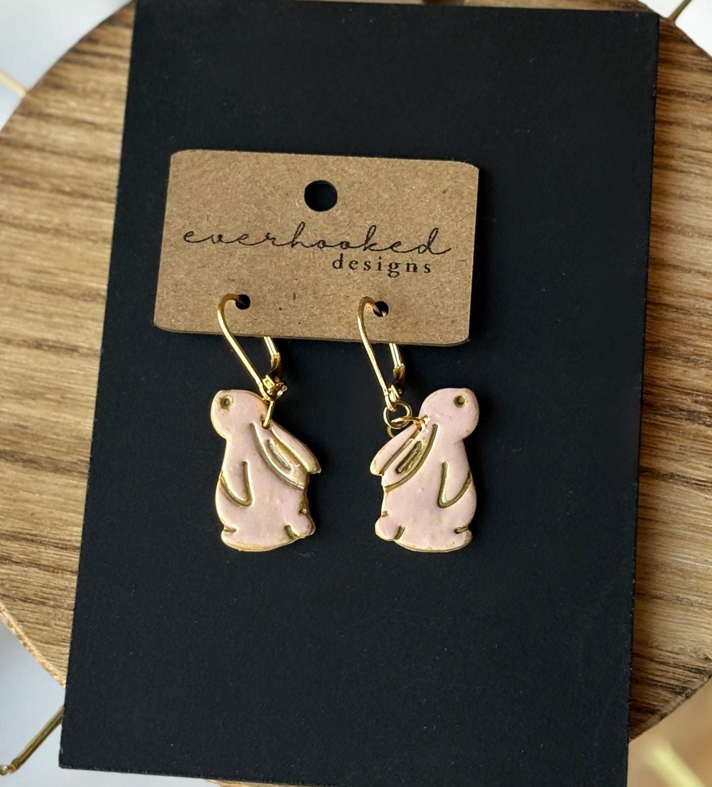 Dangly clay pink and gold bunny earrings 