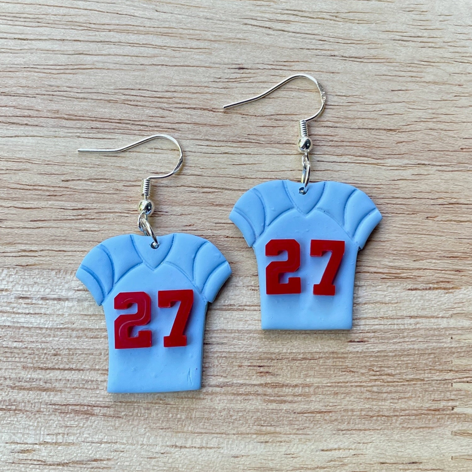 Football jersey dangly earrings with silver hooks
