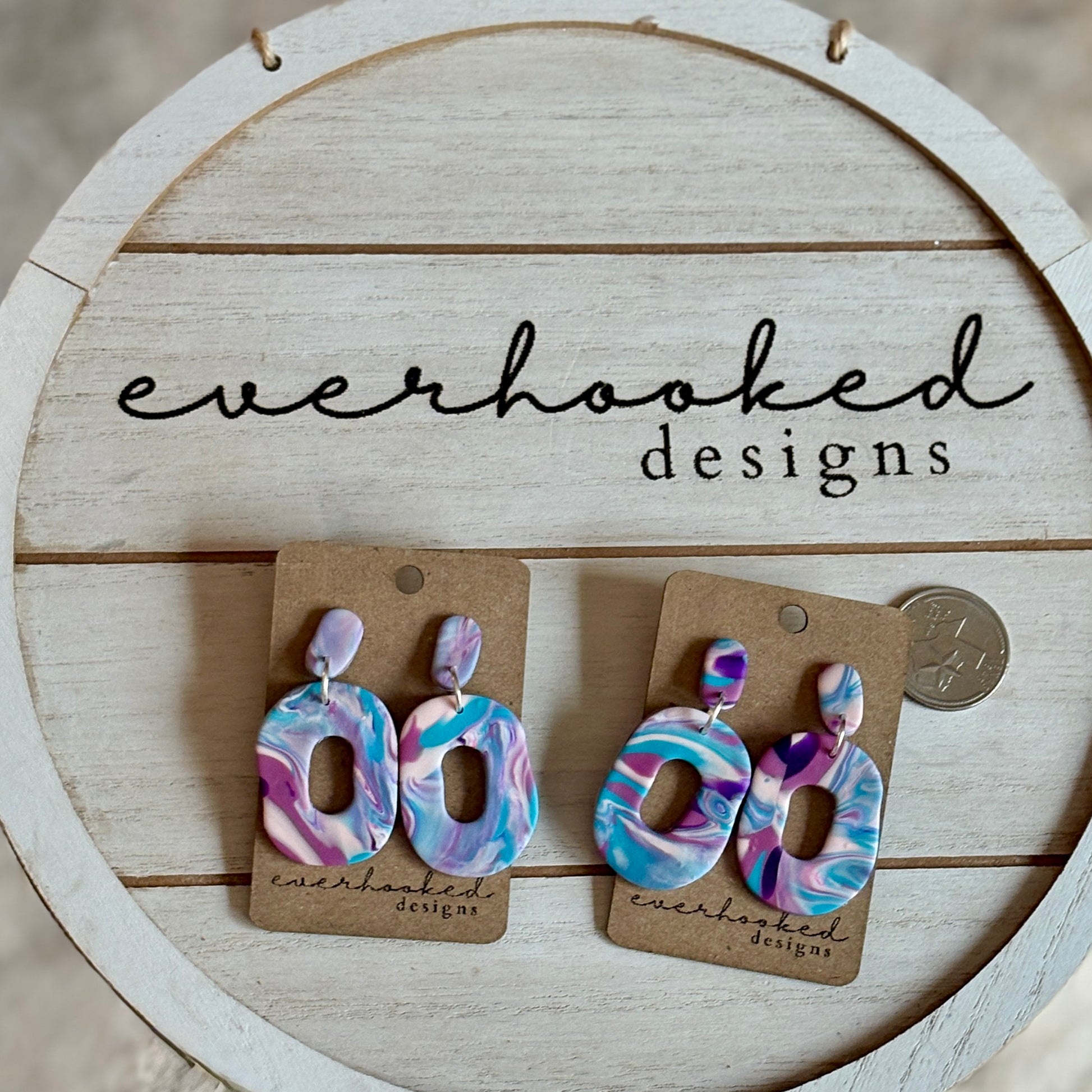 Marble, blue, pink, purple, and white, Drop Oval Dangle Post Earrings