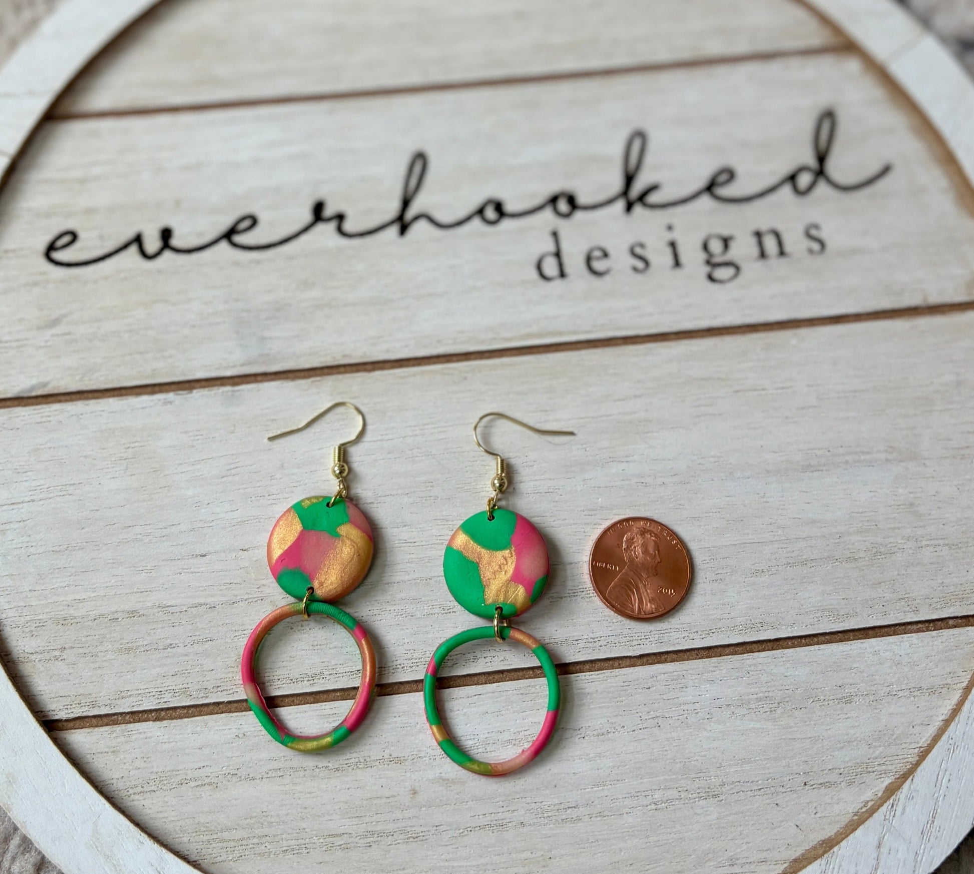 Multiple Color Double Circle Earrings with Gold Dangles with penny to compare size