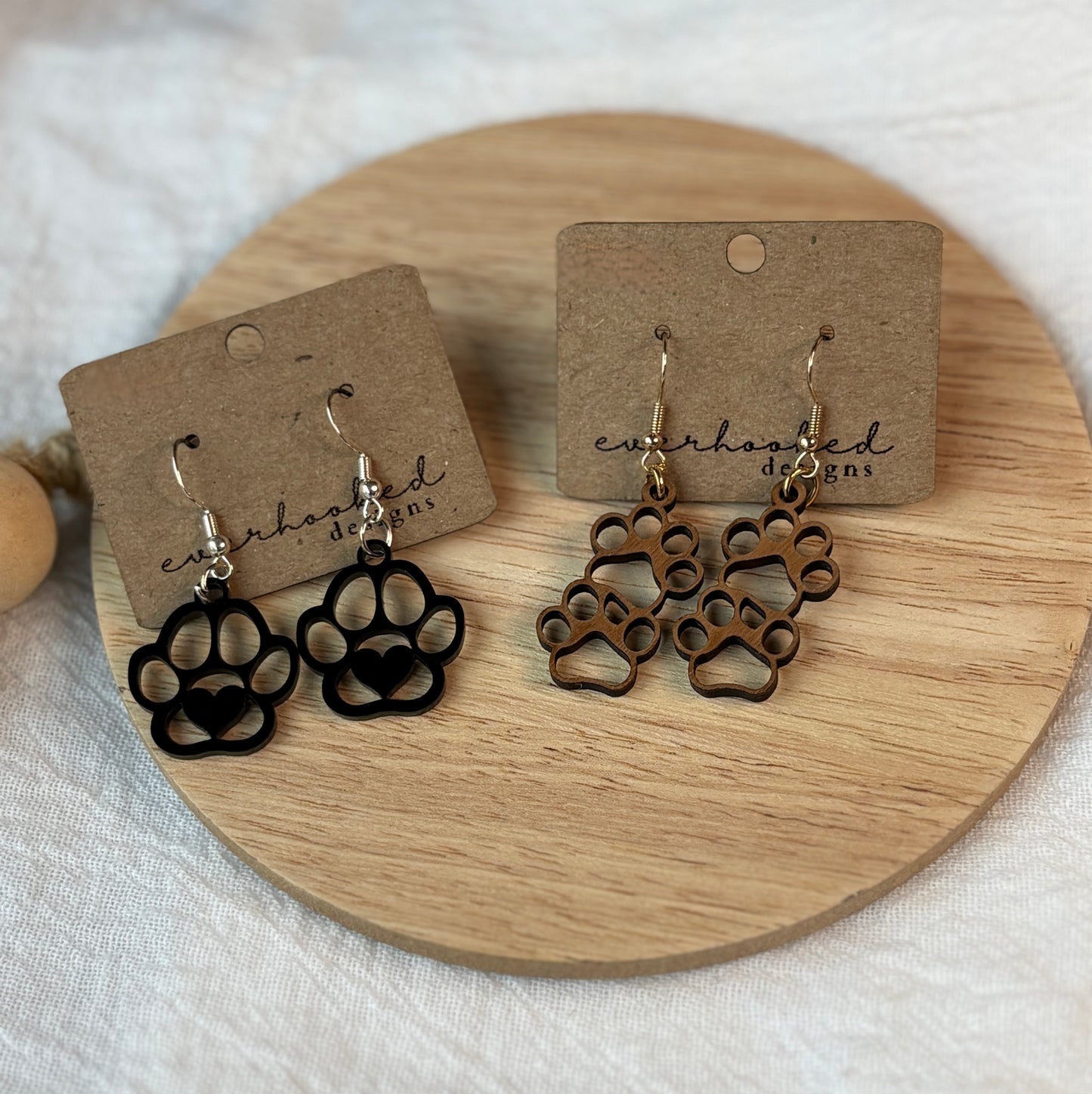 black paw and heart earrings, walnut wood double paw earrings