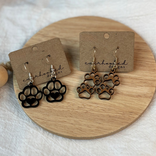 black paw and heart earrings, walnut wood double paw earrings