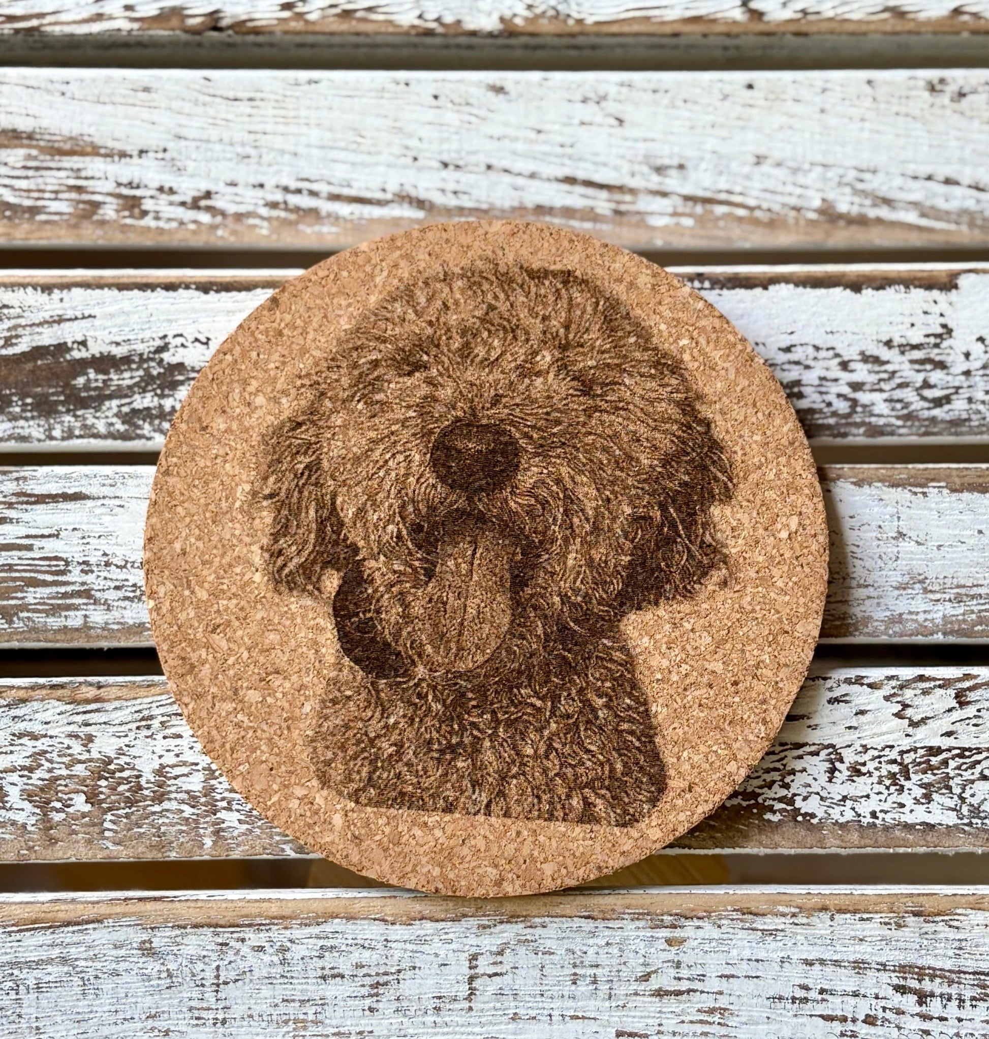 Goldendoodle engraved on cork coaster