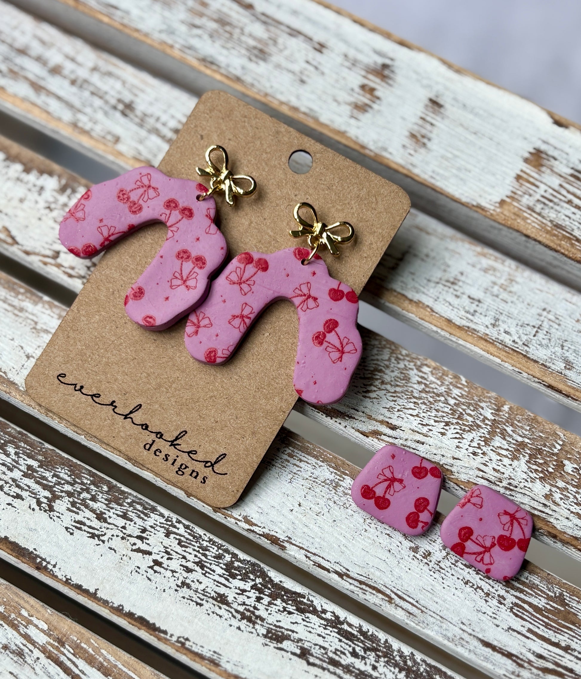 Pink and red cherry and bow earrings, stud or dangle 