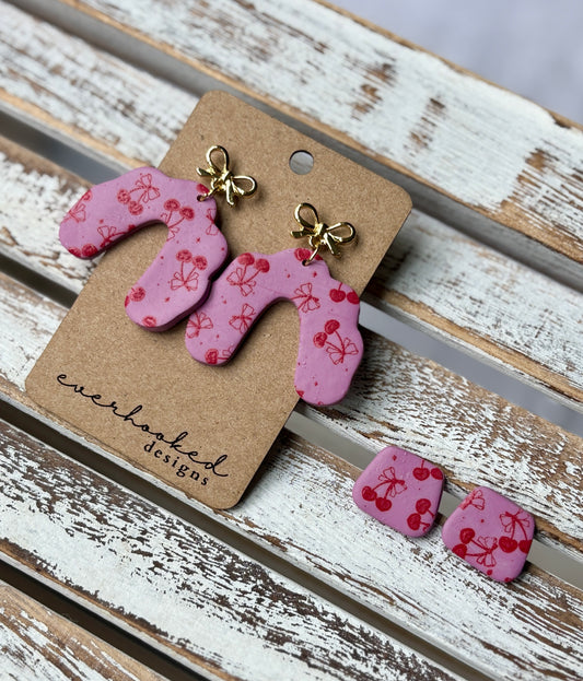 Pink and red cherry and bow earrings, stud or dangle 