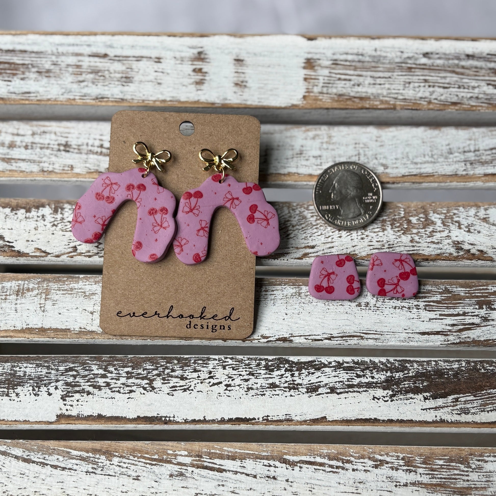 Pink and red cherry and bow earrings, stud or dangle with coin to compare