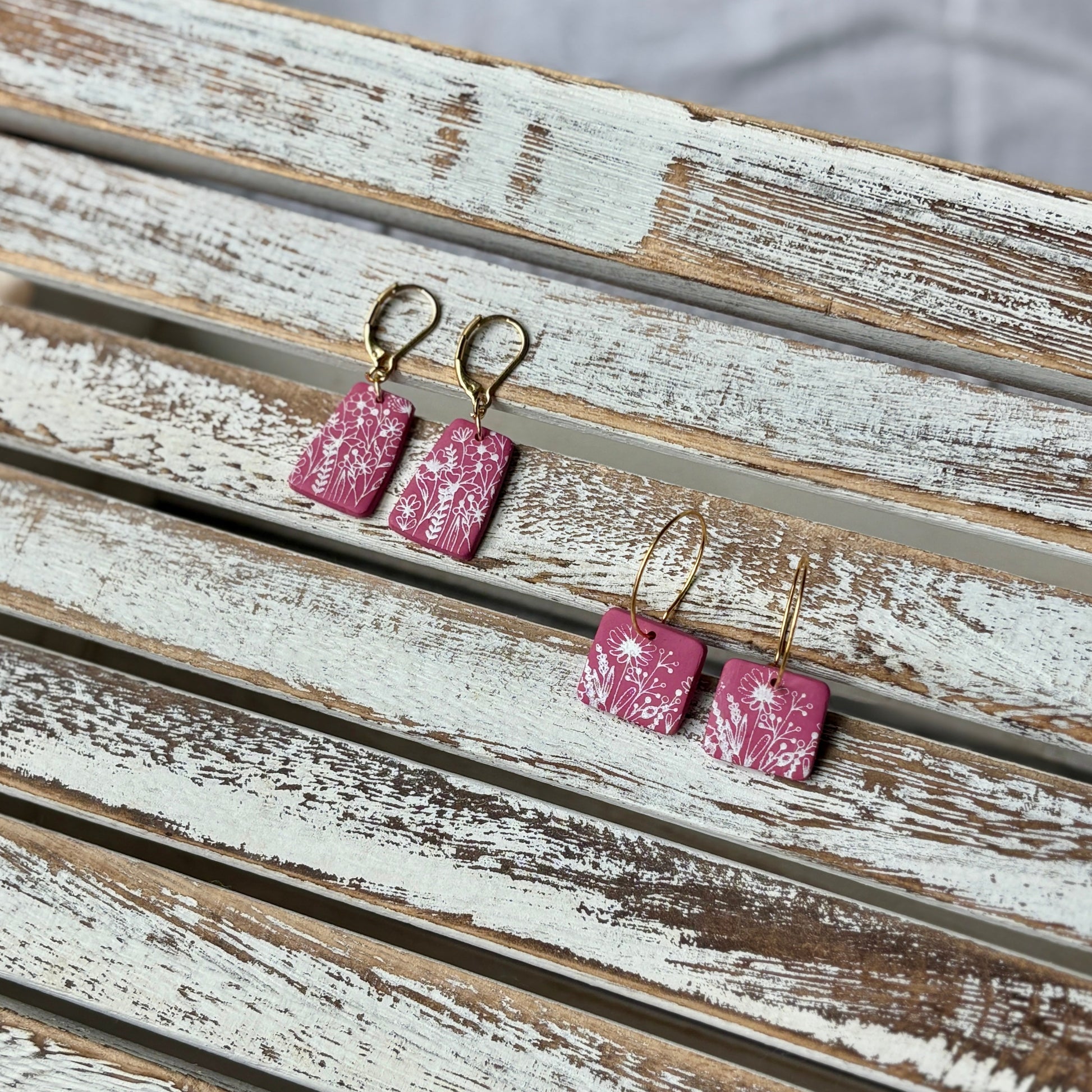 Pink dangles with white wildflowers and gold dangles
