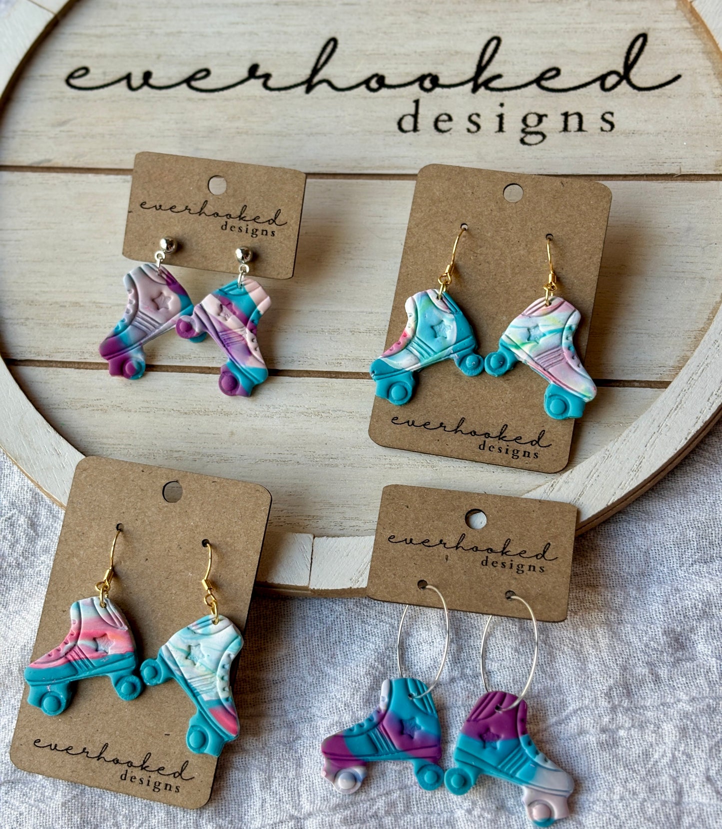 Retro Roller Skate Dangly Earrings - multi-colored pink blue purple