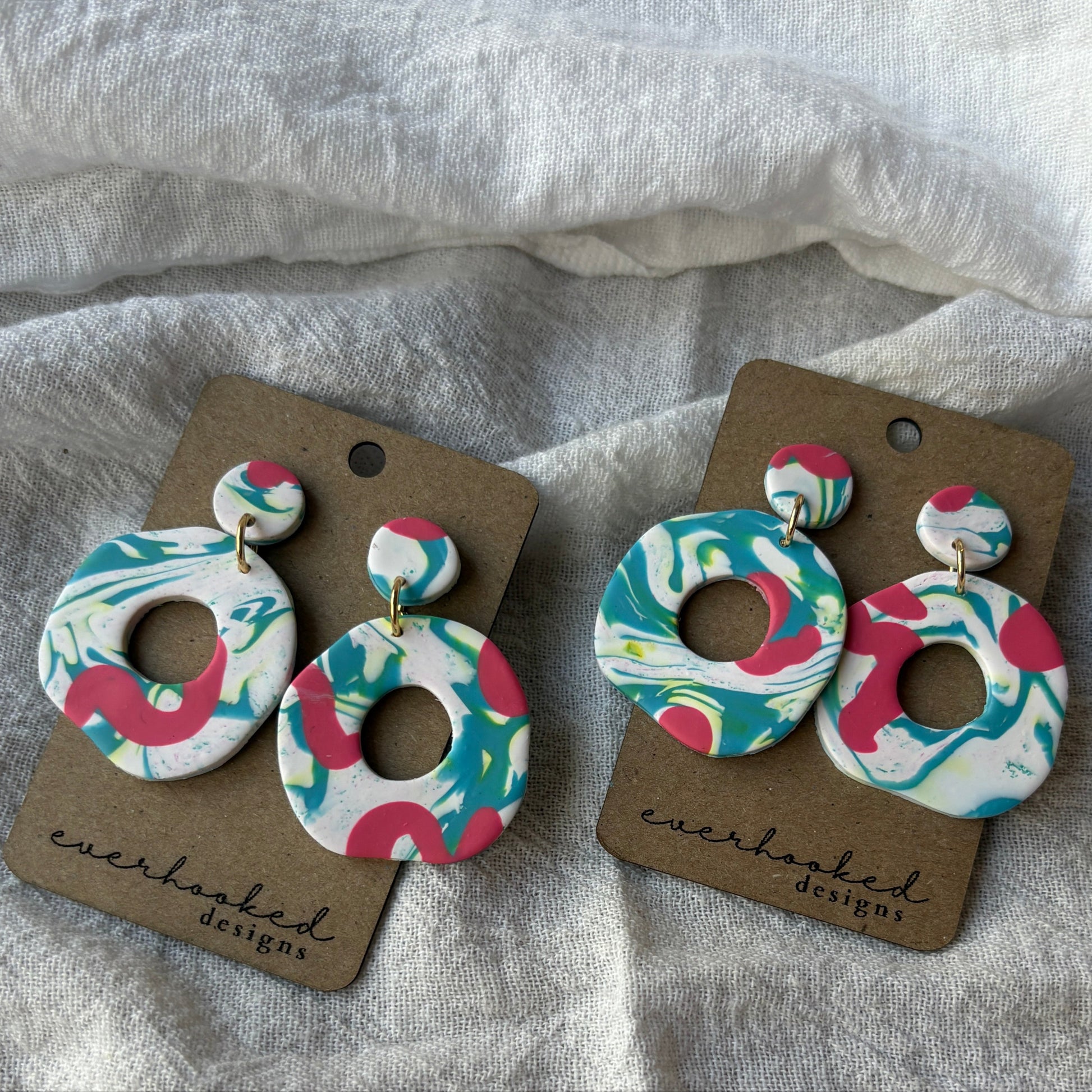Two piece Dangly earrings on studs - tie dye pink, teal, white and yellow