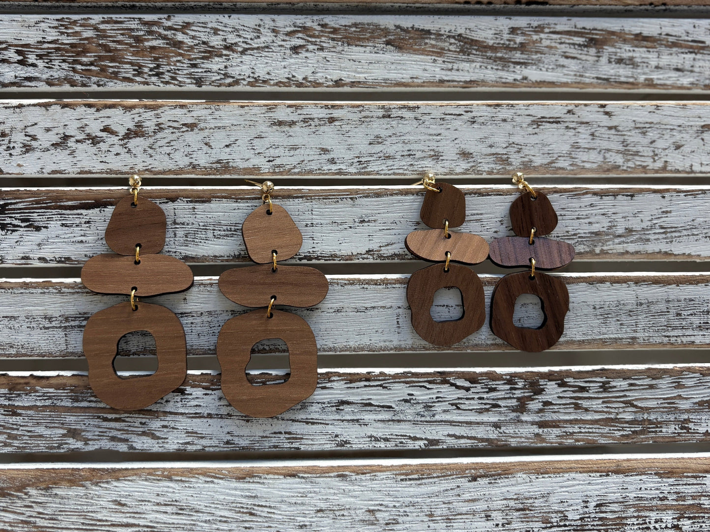 Three Piece wood, circular shaped dangles, gold hardware