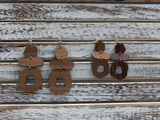 Three Piece wood, circular shaped dangles, gold hardware
