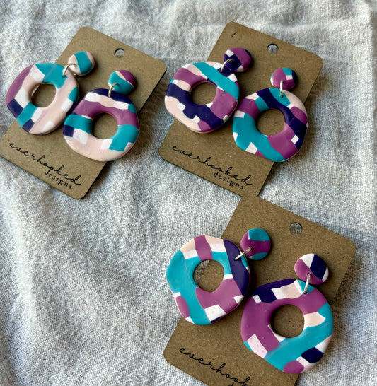 Two piece Bold Colorful Earrings- pink, purple, teal, fuschia danglies