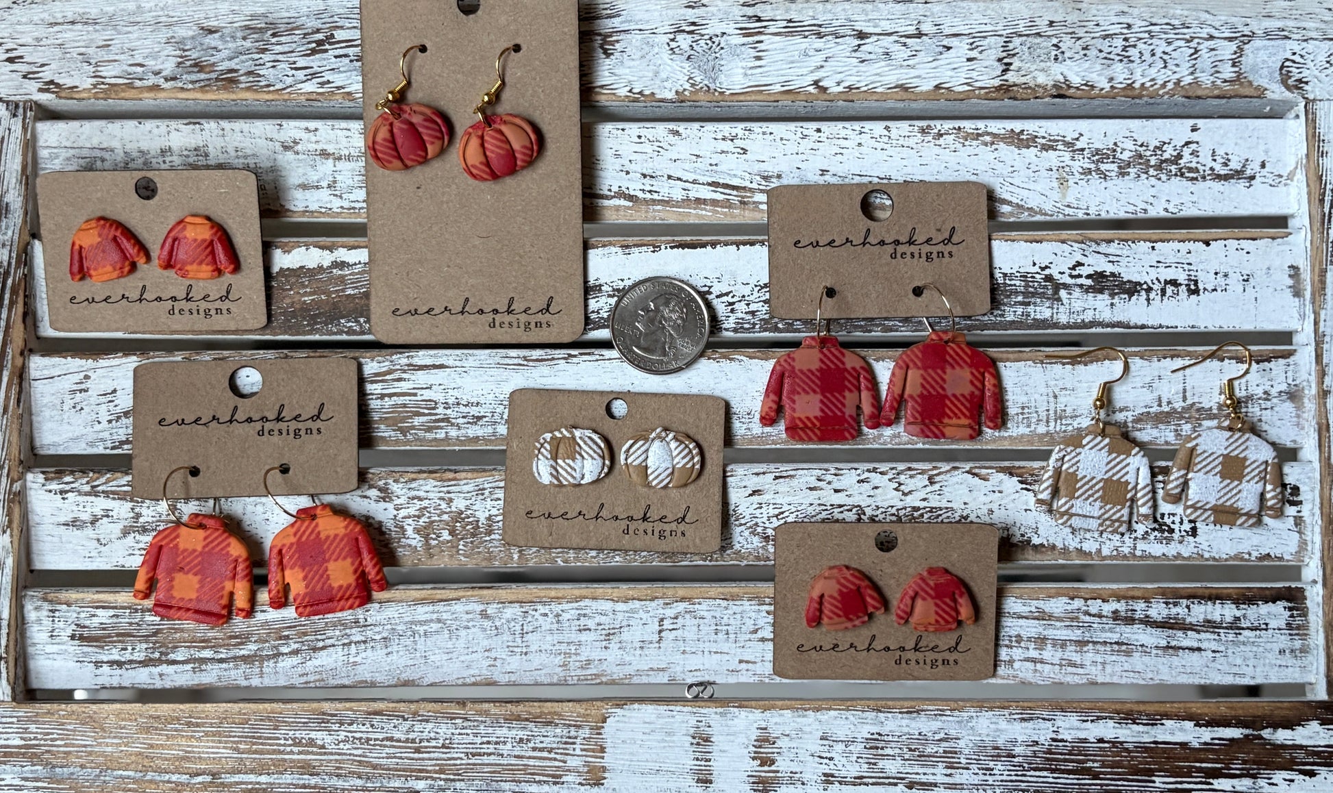 cozy fall earrings polymer clay pumpkins plaid sweaters studs dangles cottagecore jewelry pictured with quarter for sizing