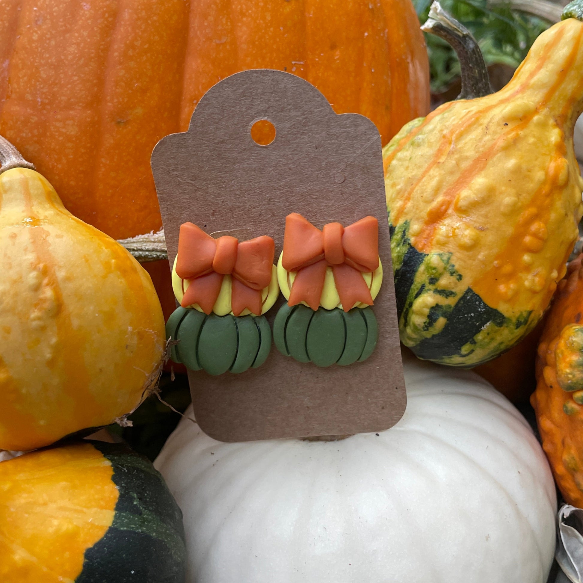 Double pumpkin earrings with bow sitting on gourds