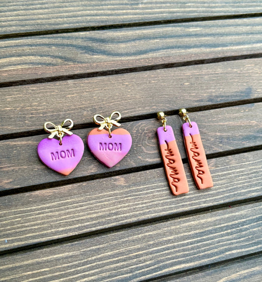 dangled heart shaped mom stamped earrings and mama stamped bar earrings, nth with gold hardware
